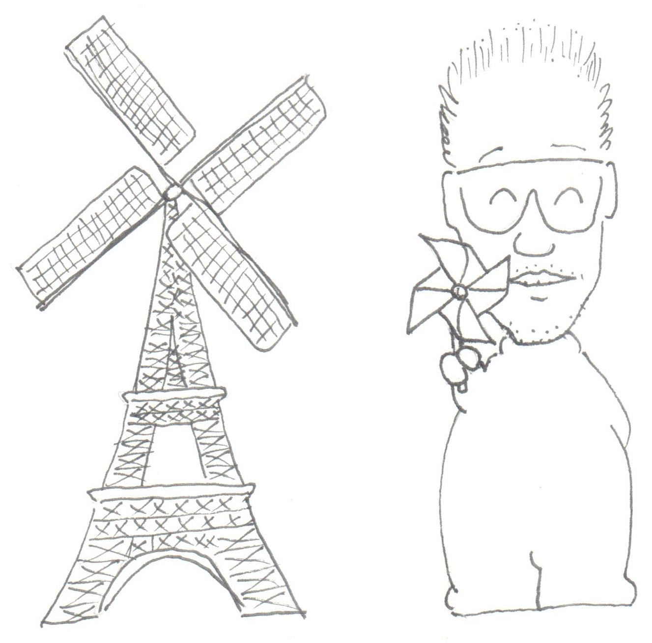 Vaseman holding a windmill with Eiffel Tower