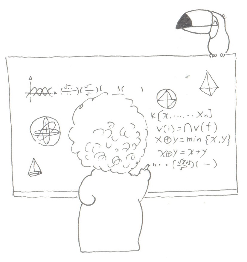 Vaseman doing computations on a blackboard with toco toucan
